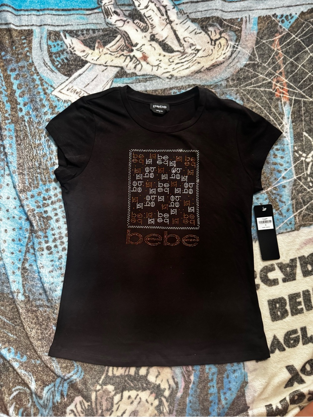 bebe Black Short-Sleeve Rhinestone Logo Tee